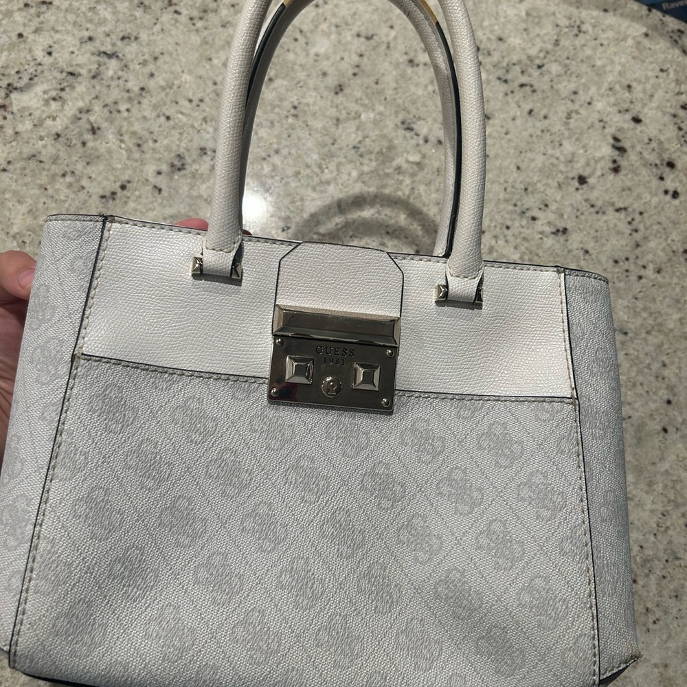 Guess White Satchel with Monogram Texture and Metallic Clasp